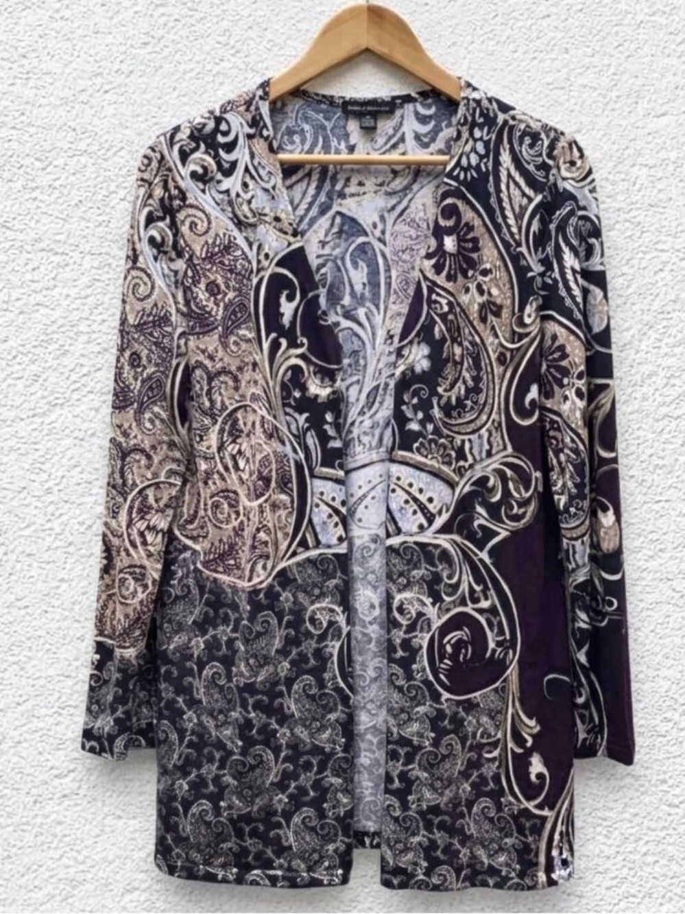 Chicos Royal Scroll Long Printed Cardi Cardigan Purple Luxe